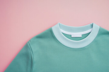 Closeup of a stylish mint green tshirt with a white collar and label, showcasing its simple design against a soft pink backdrop for a modern look