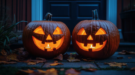 Obraz premium Two glowing spooky carved pumpkins sit on a dark doorstep. Warm light illuminates autumn leaves at night for a festive scene.