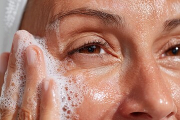 Fototapeta premium Close-up of woman washing her face with rich cleansing foam for clean, fresh skin.