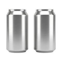 Two silver aluminum cans ready for beverages or product mockups isolated on transparent background