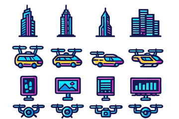 Naklejka premium Modern icons collection: buildings, cars, computers, drones in a minimalist design