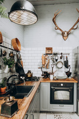 Cozy rustic kitchen with vintage decor and modern appliances