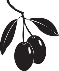 Black olives on a branch with leaves silhouette vector, black and white silhouette vector illustration