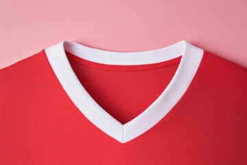 Closeup of a red tshirt with a white vneck collar on a pink background, showcasing the garments design and color combination for fashion appeal