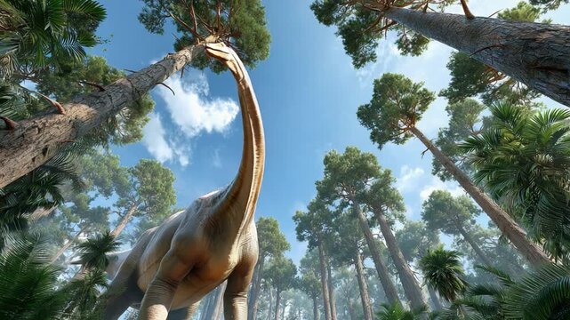 Dinosaur in the Forest: An awe-inspiring, low-angle perspective showcasing a towering dinosaur gracefully amidst a prehistoric forest, under a bright blue sky.