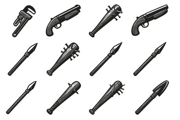 Naklejka premium Collection of handheld weapons and tools with wrench, shotgun, maces, and spears