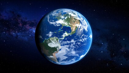 Obraz premium A stunning depiction of planet Earth, showcasing continents, oceans, and atmospheric details, set against the backdrop of a starry cosmos