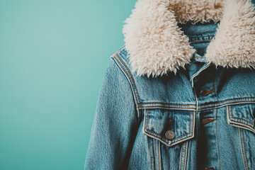 Blue denim jacket with a beige faux fur collar on a blue background, offering a classic and stylish look for versatile wardrobe options