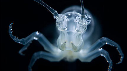 Extreme close-up of a translucent sea creature, illuminated against a dark background. The creature displays intricate details in its appendages and head.