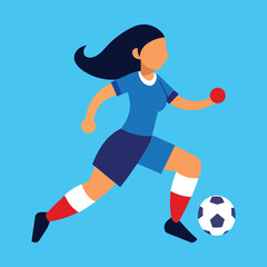 Energetic female soccer player in blue uniform kicking ball with determination on a vibrant blue background