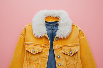 A stylish yellow denim jacket with a fluffy white collar displayed against a pink background, showcasing a trendy and fashionable outerwear piece