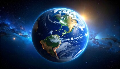 Fototapeta premium A stunning, detailed CGI depiction of Planet Earth from space, with sun's rays, swirling nebulas, and visible continents. Beautiful and colorful