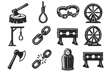 Historical torture devices illustrations: axes, wheels, shackles, chains, stocks