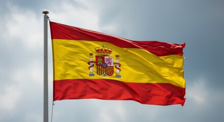 The national flag of Spain flutters proudly against the backdrop of a cloudy sky representing