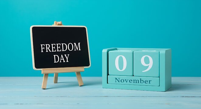 Freedom day message on chalkboard with 9 november date on wooden block against blue background