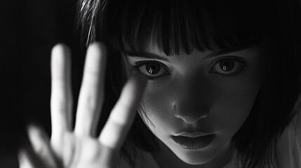 Monochrome portrait of a young woman with dark hair, her hand raised in a gesture of protection or greeting, creating a dramatic and intimate image