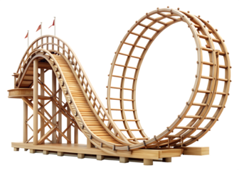 Wooden roller coaster loop and track isolated on a transparent background amusement park