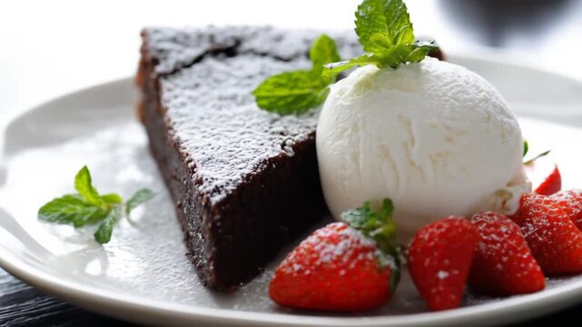 A delectable slice of chocolate fudge cake, garnished with powdered sugar, fresh mint, and a scoop of creamy vanilla ice cream, accompanied by fresh strawberries.