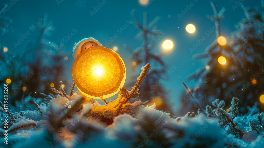 Poster a small orange object is lit up in the dark. the scene is set in a forest with snow on the ground