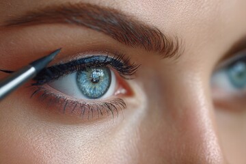Obraz premium Close-up of woman applying black liquid eyeliner to her beautiful blue eye