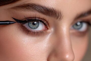 Obraz premium Close-up of a woman applying black winged eyeliner to her beautiful eye, creating a dramatic look.