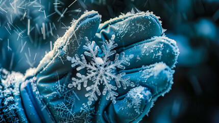 A hand holding a snowflake in a blue glove. The snowflake is surrounded by snow and the glove is wet. Concept of winter and the beauty of nature