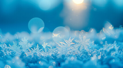 A blue sky with snowflakes falling on it. The snowflakes are small and scattered, creating a peaceful and serene atmosphere