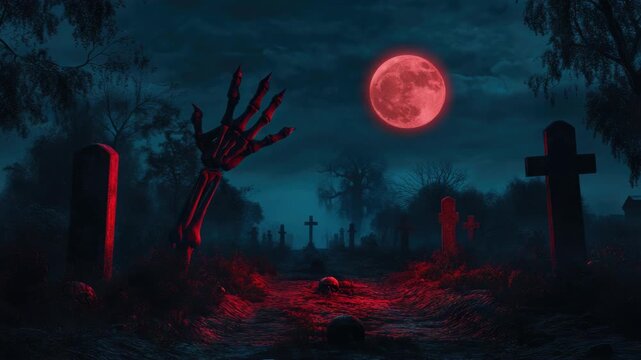 Creepy graveyard scene with red full moon, skeletal hand, glowing atmosphere