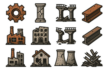 Collection of industrial and architectural ruins icons in various stages of decay
