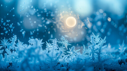 A blue sky with snowflakes and a full moon. The moon is bright and the snowflakes are scattered throughout the sky