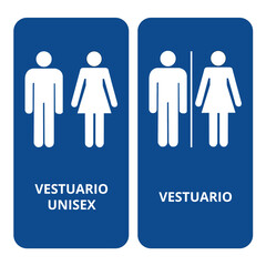 Blue vestuario and unisex vestuario signs on a white background (trad. dressing room, unisex dressing room)