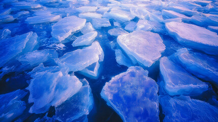 A large body of water covered in ice. The ice is in various sizes and shapes, creating a beautiful and serene scene. The blue color of the water contrasts with the white ice