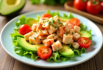 Delightful fresh ceviche served with creamy avocado slices and ripe cherry tomatoes offers a vibrant taste of summer dining