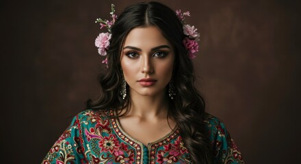 Fototapeta premium Elegant woman adorned with flowers and traditional attire evoking timeless beauty