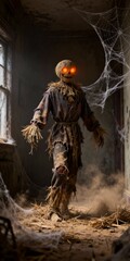 Creepy 3D Halloween scarecrow with glowing orange eyes inside haunted house, spooky interior scene