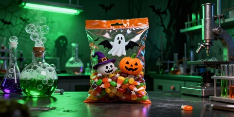 Glossy 3D Halloween trick-or-treat candy bag in spooky lab with bubbling potions and green light