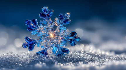 A blue snowflake is on top of the snow. The snowflake is surrounded by a blue and white background