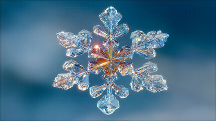 A snowflake is suspended in the air, reflecting the light of the sun. Concept of wonder and beauty, as the intricate design of the snowflake is captured in a single moment
