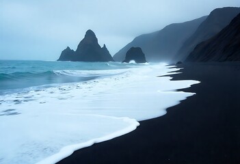 Dramatic black sand beach with crashing waves and imposing sea stacks under a moody sky, evoking raw natural beauty.