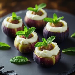 Fresh figs stuffed with mascarpone cheese and mint leaves on slate platter, elegant appetizer