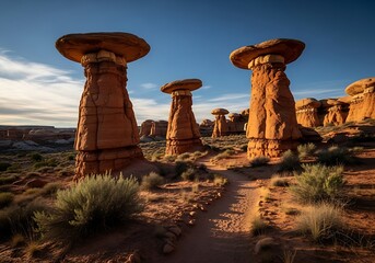 Utah's sandstone formations illuminated by golden light against blue skies