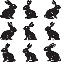 A collection of Black rabbit sitting animal mammal silhouette vector, black and white silhouette vector illustration