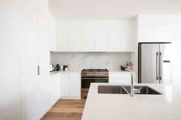 Modern minimalist kitchen with white cabinets, island counter, and stainless steel appliances