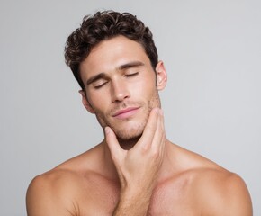 Naklejka premium A man with a relaxed expression, touching his smooth skin, displays a serene and healthy appearance.