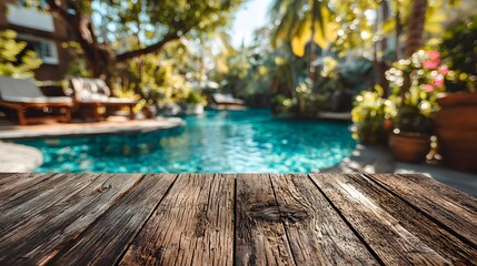 Beautiful, empty wooden deck in the foreground with a blurred background of a sparkling blue swimming pool on a sunny, luxurious vacation day.