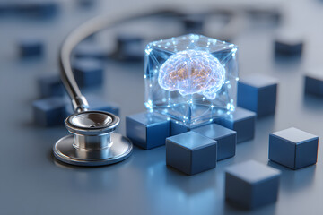 An AI icon on blue blocks with a stethoscope. A concept for Artificial Intelligence in healthcare, medical technology (MedTech), digital health, and the future of medicine. A symbol of innovation.