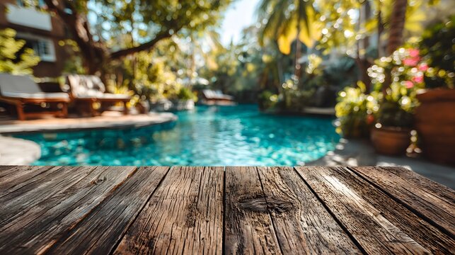 Beautiful, empty wooden deck in the foreground with a blurred background of a sparkling blue swimming pool on a sunny, luxurious vacation day.