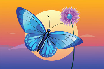 Vibrant blue butterfly in a dreamy sunset landscape