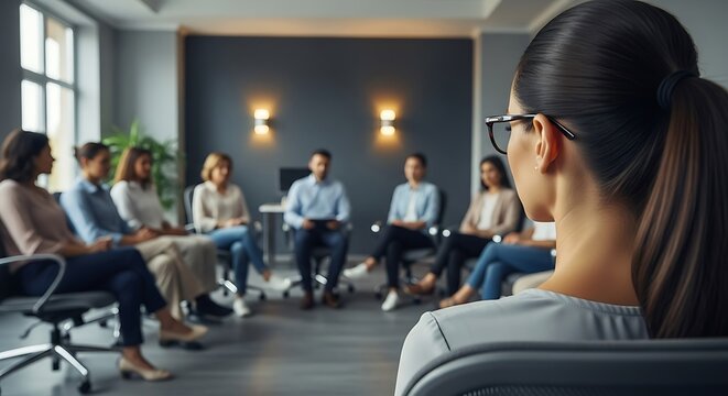 Group therapy session modern office support group meeting teamwork collaboration psychology mental health therapy session modern office