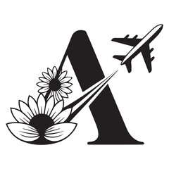 Elegant black silhouette of the letter a adorned with blooming sunflowers and a stylized airplane taking flight